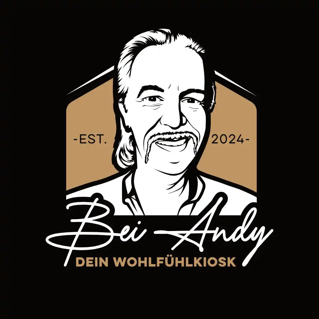 Logo von Bei Andy, dem Wohlfühlkiosk im Lübecker Falkenviertel – Porträt eines lächelnden Mannes mit Schnurrbart in Strichzeichnung, umrahmt von beigefarbenem Schild mit Gründungsjahr 2024